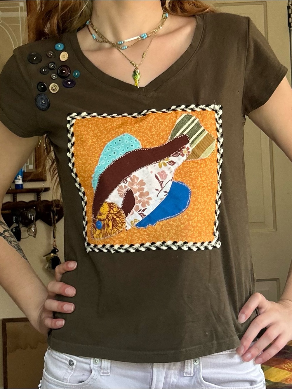 Women’s Olive Brown Patchwork Fish Appliqué V-Neck Tee
